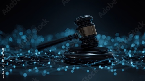 A gavel sits atop a stand against a backdrop of a network.