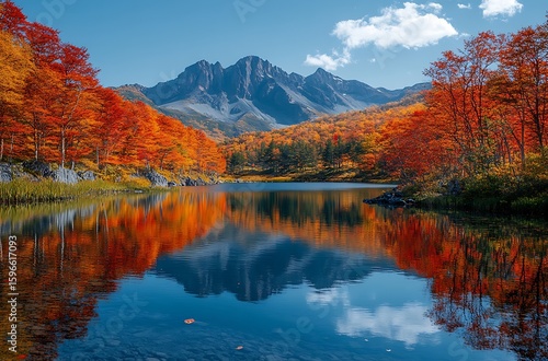 Calm lake reflects vibrant autumn trees and majestic mountains under blue sky fall water