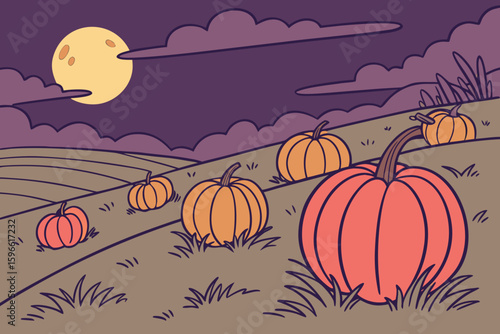 Pumpkin Patch Under a Blood Moon vector illustration