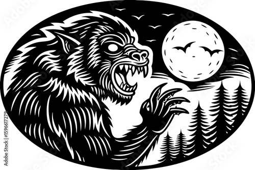Scary Werewolf Howling Under Full Moon vector illustration