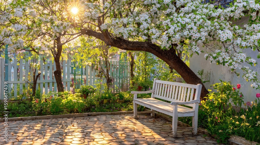 White Bench Under Blooming Tree in Spring Garden White Bench Under Blooming Tree in Spring Garden