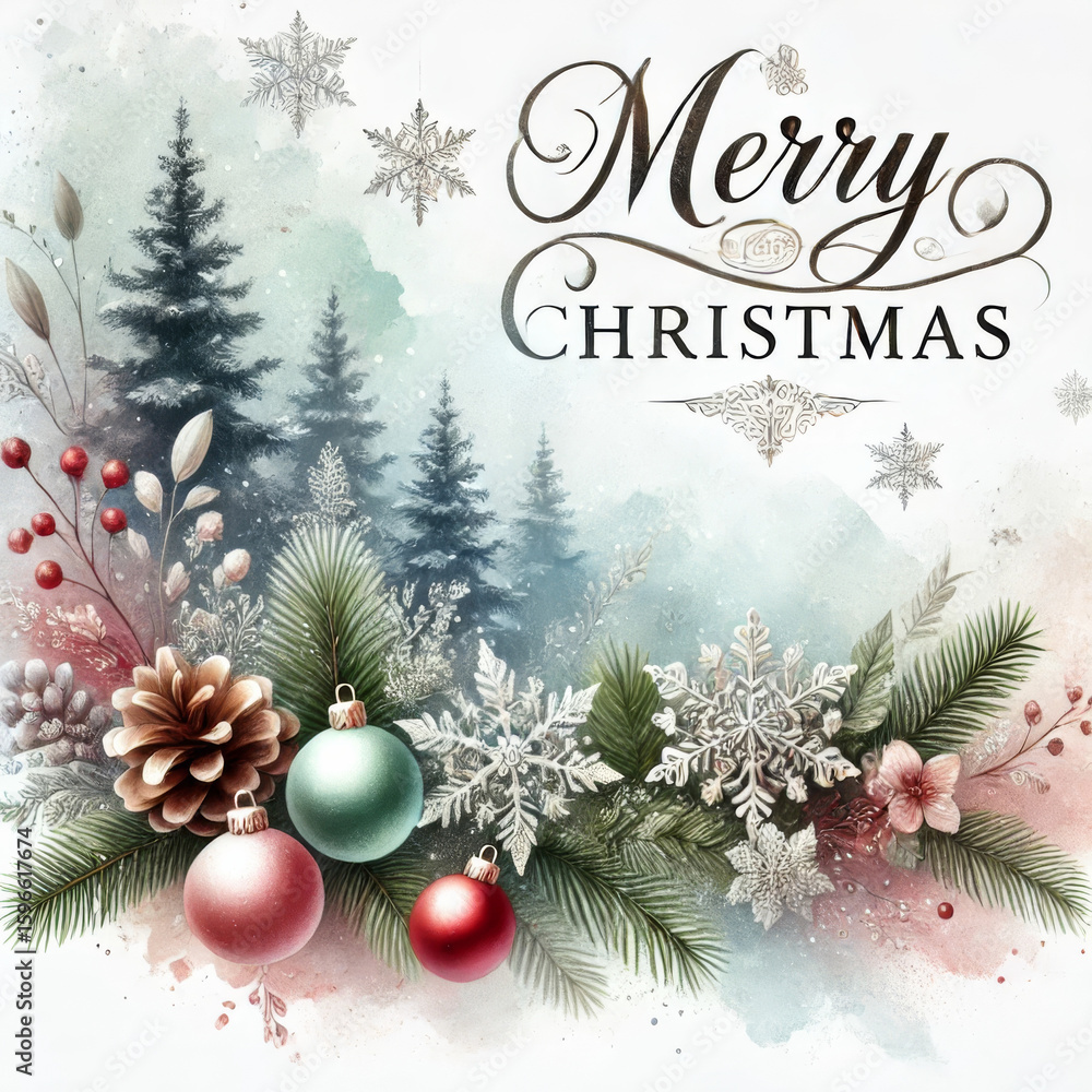 Festive Christmas design with pinecones, ornaments, and snowflakes conveying a joyful holiday spirit. Festive Christmas design with pinecones, ornaments, and snowflakes conveying a joyful holiday spirit.
