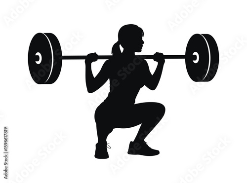 Black Silhouette of Woman Squatting with Barbell: Fitness, Strength, and Workout

