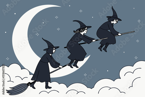 Floating Witches Around Crescent Moon vector illustration