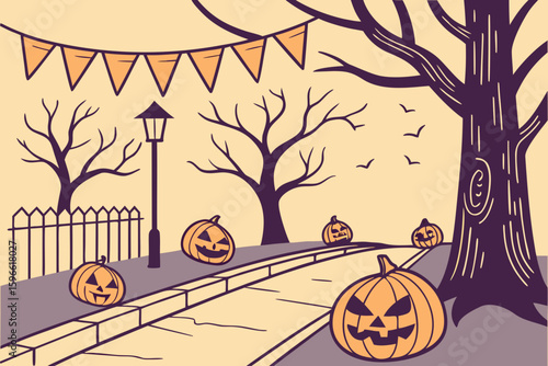 Halloween Town Street with Spooky Decorations vector illustration