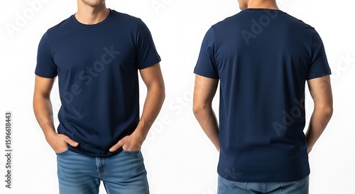 A man displays the front and back of a blue tshirt