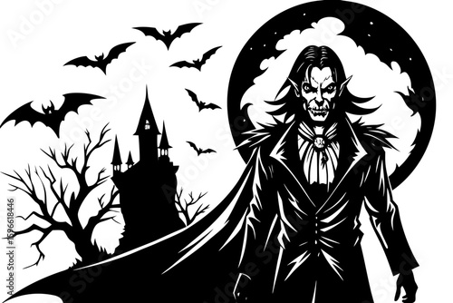 Vampire in Shadow Under Moonlight vector illustration