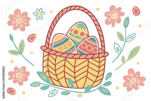 Easter Basket with Eggs and Wildflowers Repeating Pattern vector illustration