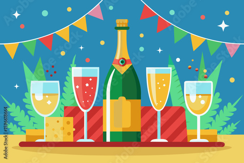 Festive Champagne Bottle and Glasses on Party Table vector illustration