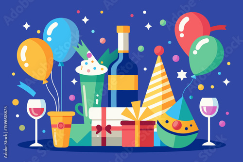 Flat Design Party Background with Champagne and Balloons vector illustration