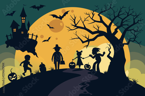 Silhouette of Trick or Treaters on a Hill vector illustration