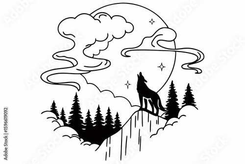 Starry Halloween Night with Howling Wolf vector illustration