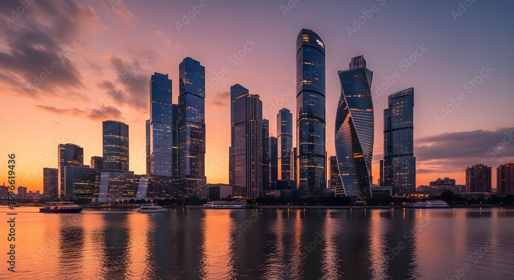 Fototapeta premium A modern metropolitan skyline at sunset, tall skyscrapers reflecting orange and pink hues from the sky, calm river in the foreground mirroring the city lights, a few boats on the water, soft clouds ov