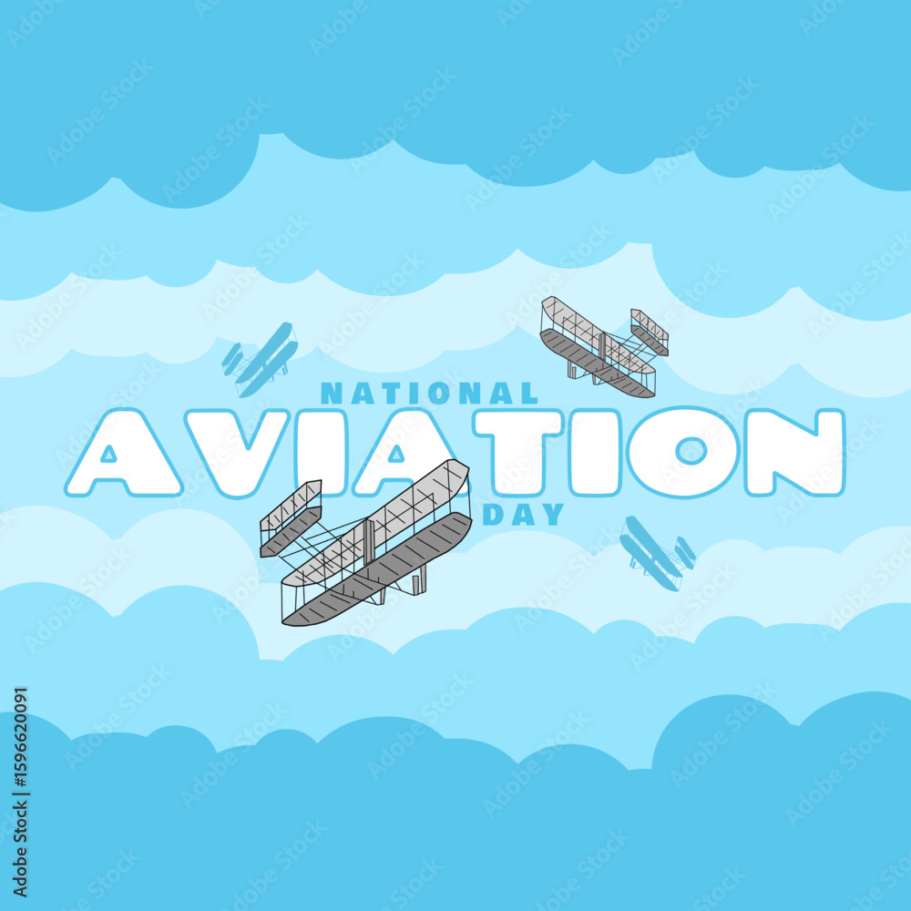 Fototapeta premium National Aviation Day to celebrate on August 19th. Bold text with classic planes flying above the clouds. Air transportation event concept.