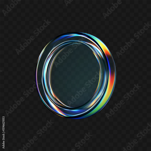 3D transparent glass coin icon with holographic effect, isolated on dark background. Render of iridescent flying glassy coin, game token, casino chip, digital currency or reward medal. 3D vector