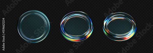 3D transparent glass coin icons with holographic and iridescent effects. Flying crystal tokens for digital currency, casino chips, reward medals. Ideal for modern tech visuals. 3D vector illustration