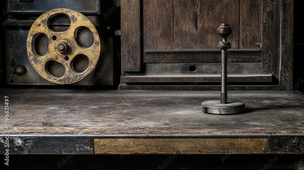 Obraz premium Vintage Workshop Scene with Metal Spindle and Rusty Wheel Detail