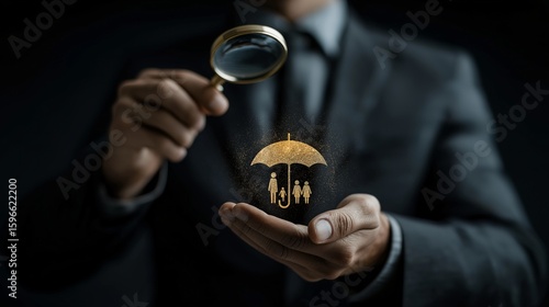 An advisor offers protection and security, embodying the concept of insurance, safeguarding a family's well-being and future under the watchful gaze of a magnifying glass. 