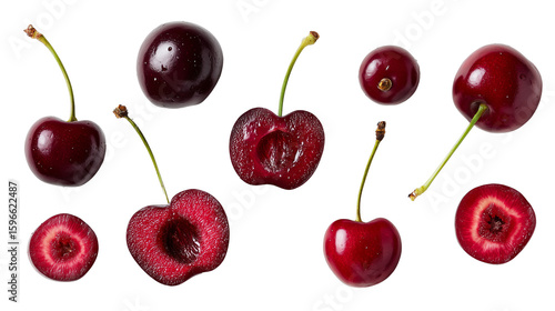 Pairs of red cherries with stems