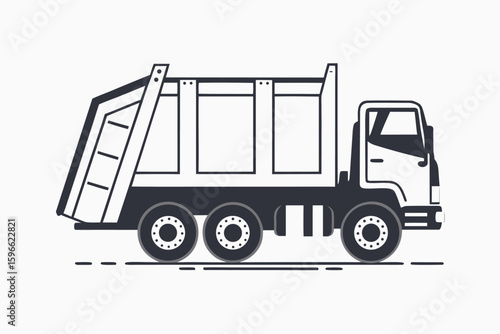 Black and white garbage truck with solid fill and outline appears stationary