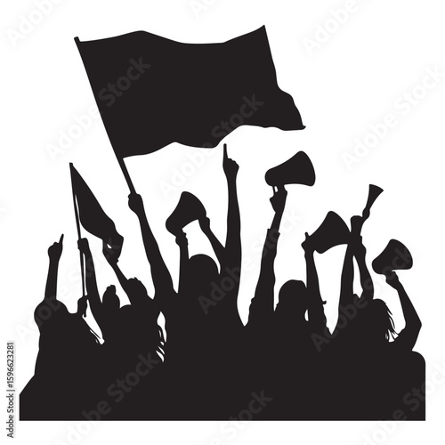 Crowd of Protestors silhouette, Silhouette of Protesters, crowd people holding flag silhouette, Silhouette of a crowd with raised arms and holding a flag in a monochrome black and white image