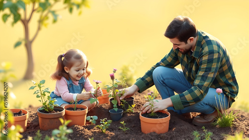 Wallpaper Mural Father's Day Planting with Father-daughter gardening, backyard eco activity, isometric vector, soft daylight, gold background (happy) Torontodigital.ca