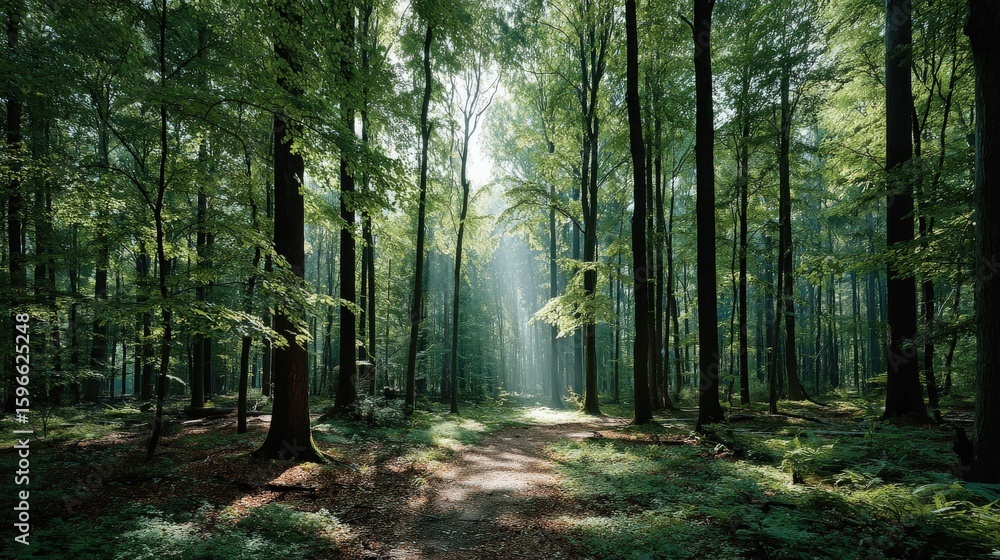 Obraz premium Sunlit Path Through Dense Tree Forest