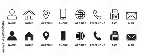 Contact us icon collection, name, home, email, call, address, location, globe, chat, fax, mail, envelope, mobile, telephone, info, website, icon. website icon set, communication icon vector design 