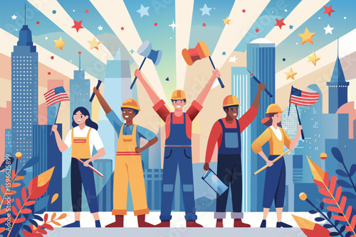 Celebrating labor day workers cityscape vector