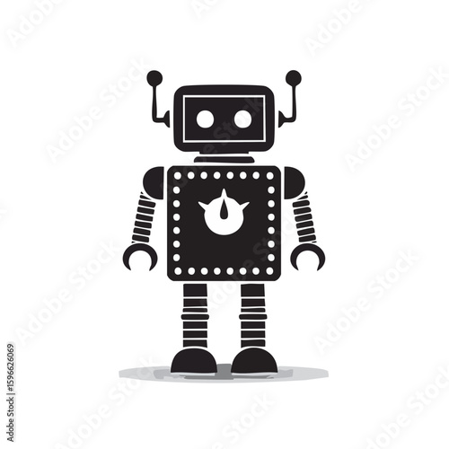 Isolated vintage style black and white robot cartoon on a black background