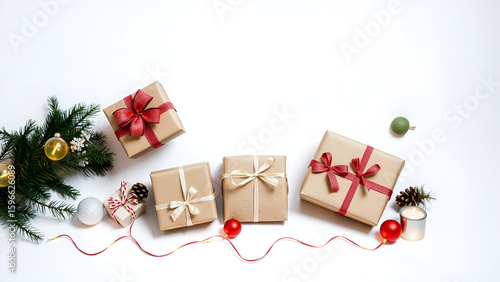 Christmas Sports with Modern flat lay Christmas gifts in eco wrapping, modern, backlight, white background (happy)