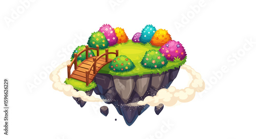 A whimsical floating island with a wooden bridge, lush green grass, colorful bushes, and surrounded by fluffy white clouds.