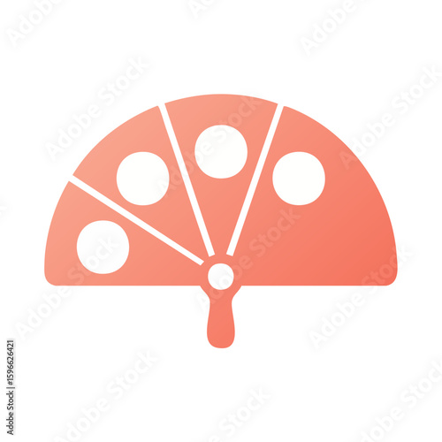 Pink fan icon with white circles and black lines, isolated on black background. Minimalist design of handheld air cooler.