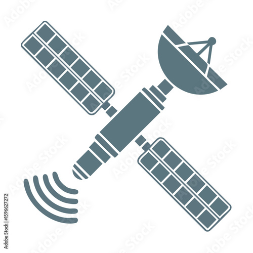Satellite icon transmitting signals with solar panels on black background for telecommunications and technology