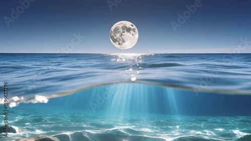 Majestic Full Moon Rising Above the Ocean with Split View Showing Crystal Clear Underwater Light Rays