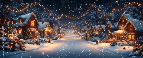 A charming snowy village at night beautifully decorated for the holiday season