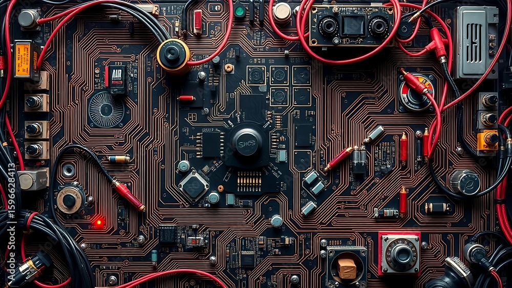 Fototapeta premium Futuristic Cyberpunk Circuit Board – AI Generated Background Texture