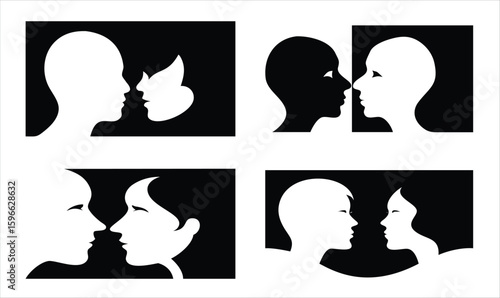Optical illusion of four pairs of silhouetted heads facing each other, revealing hidden images and ambiguous perceptions in black and white. can be used in psychology and neuroscience content
