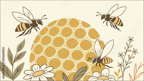 Bees flying around a honeycomb surrounded by flowers and leaves on a beige background illustration