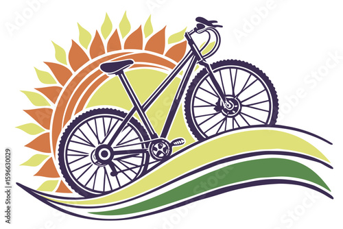 Stylized bicycle graphic with a sun and wavy lines creating a nature themed outdoor adventure scene