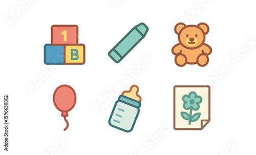Colorful flat icons of baby toys and essentials for childcare and nursery