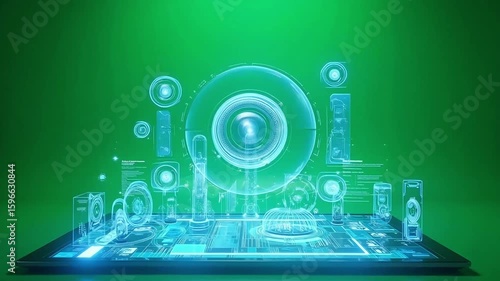 Tablet shows holographic technology interface with data, charts, and various virtual devices