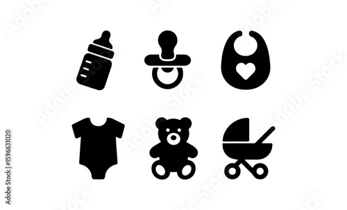 Baby essentials: minimalist silhouette icons of bottles, pacifiers, and more