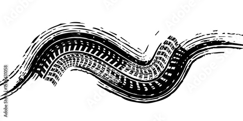 Grunge tire track, wheel braking marks. Truck, car or motorcycle tread pattern silhouette. Auto race, motorsport, speed racing design element. Vector illustration