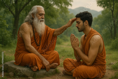 Monk guru gently blessing young disciple with forehead touch on guru purnima in peaceful forest showing sacred bond and divine spiritual initiation tradition