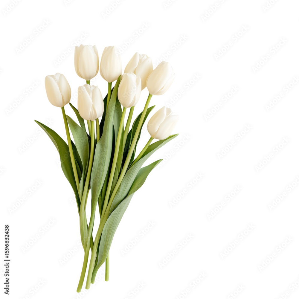 Fototapeta premium Bundle of delicate white tulips with green leaves soft background evokes tranquility and beauty