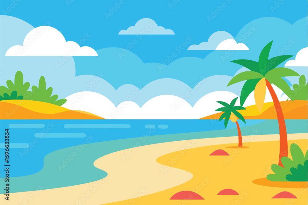 Fototapeta premium Vibrant tropical beach scene with palm trees and ocean