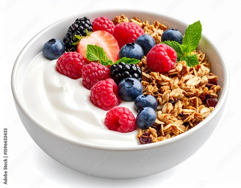 Yogurt Fresh Berries and Granola in White Bowl Yogurt Fresh Berries and Granola in White Bowl