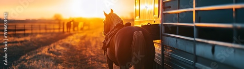 A serene scene of a horse near a trailer at sunset