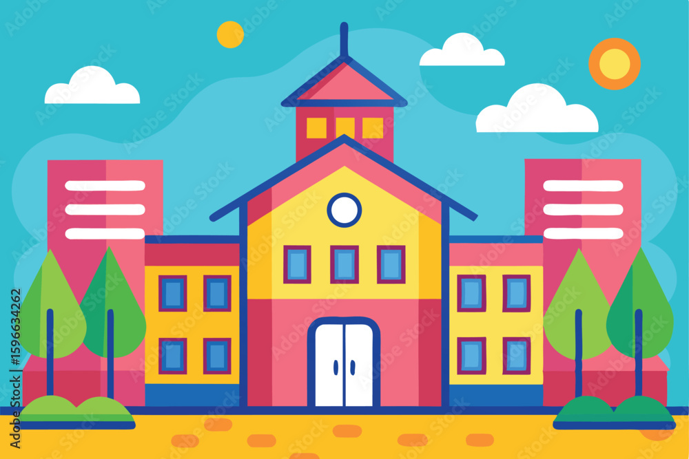 Fototapeta premium Vibrant school building with trees and sky